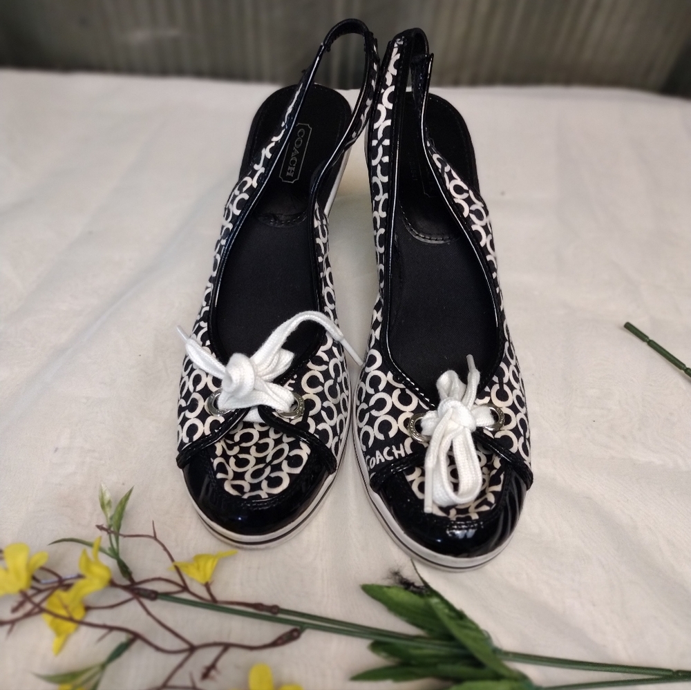 Coach Emilian Black and White Canvas and Patent Leather Wedges Size 9.5 Sold